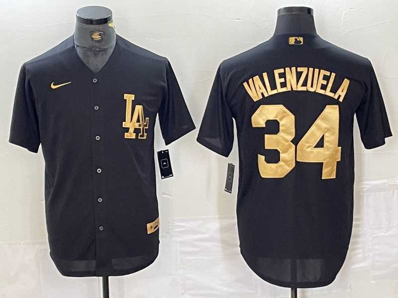 Mens Los Angeles Dodgers #34 Toro Valenzuela Black Gold Cool Base Stitched Baseball Jersey